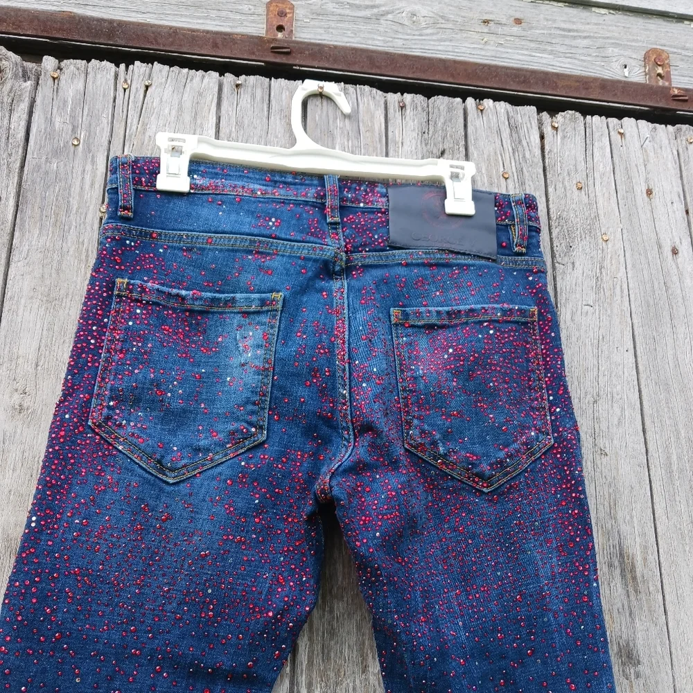 Avenue George V  Red‎ Rhinestone Skinny Jeans Mens Sz 32 Button Fly Distressed